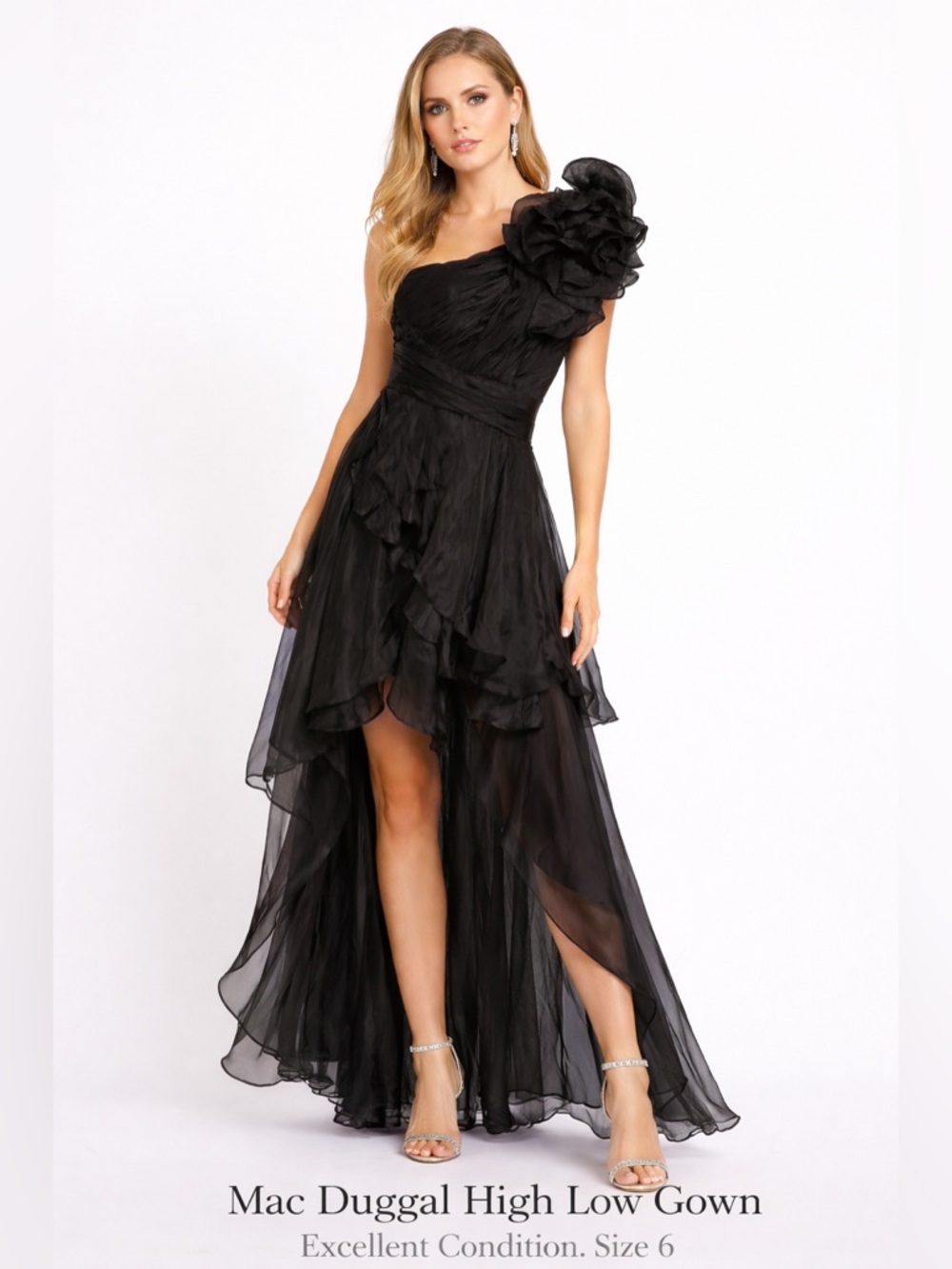 Mac Duggal Ieena One Shoulder Black Formal Dress Ruffle High Low Size 6